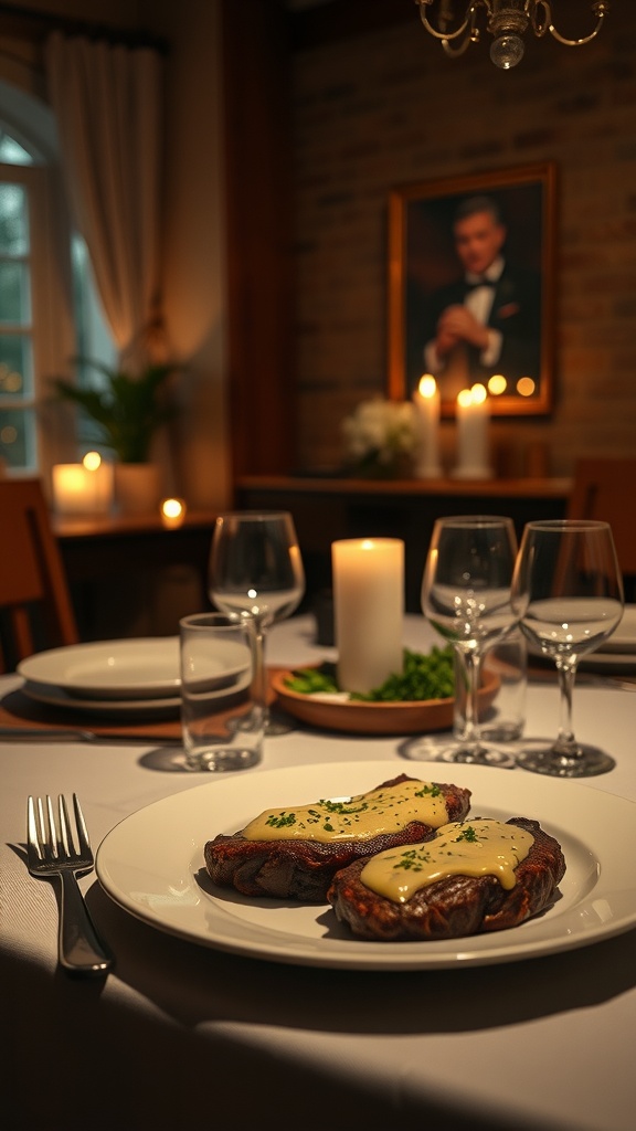 A beautifully set dinner table with steak bites and candles, creating a cozy atmosphere.
