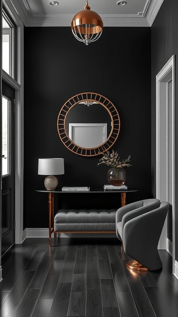 An entryway featuring a matte black wall, grey furniture, and copper accents.