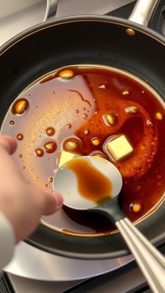 A spoon stirring melted butter and sauce in a frying pan