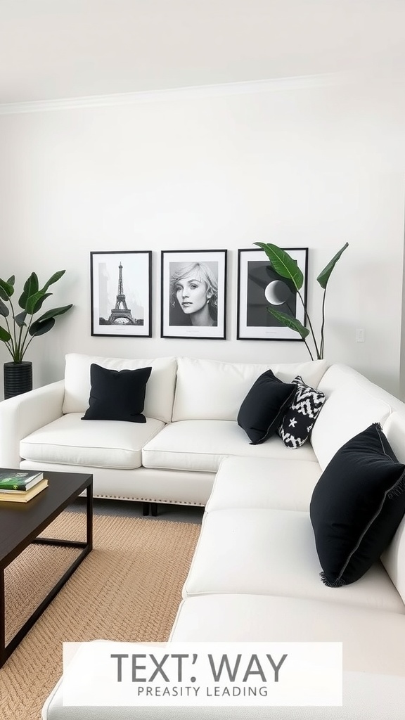 A cozy living room featuring a white sofa adorned with black throw pillows and geometric patterns.