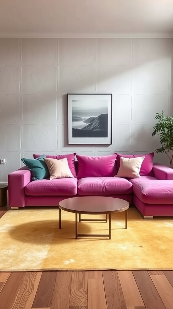 A bright pink modular sofa with colorful cushions on a yellow rug.