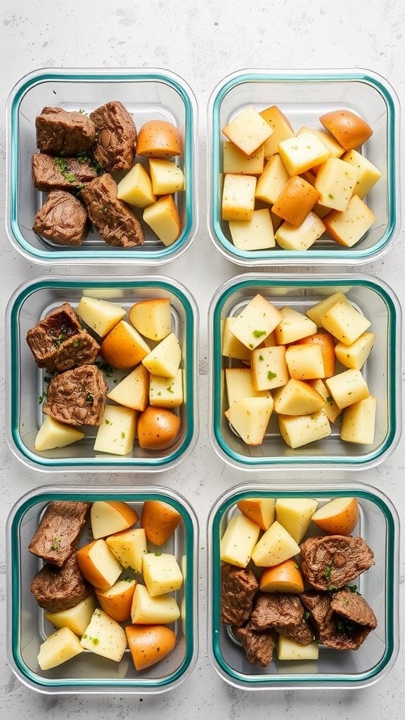 Meal prep containers with garlic butter steak bites and diced potatoes