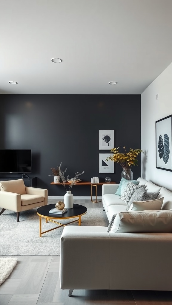 A stylish living room with a matte black accent wall, neutral furniture, and decorative elements.