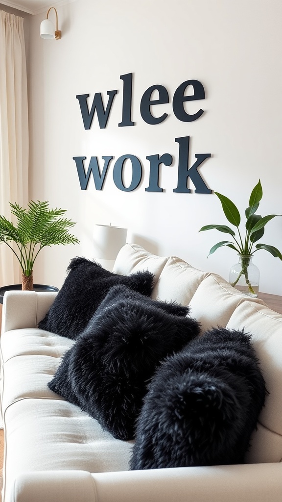 A cozy living room featuring a white sofa adorned with black throw pillows and decorative elements.