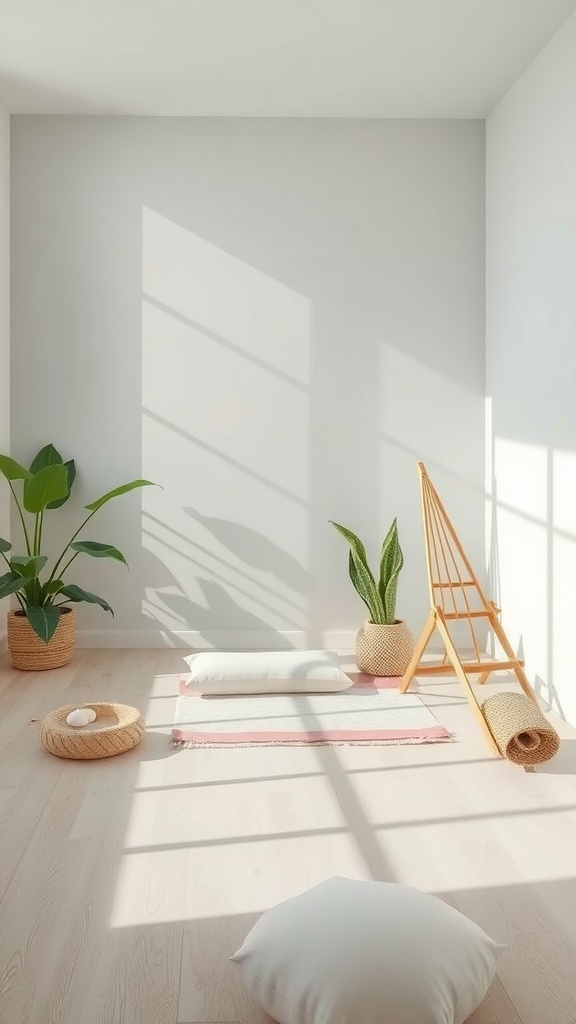 A minimalist room with natural light, cushions, and plants creating a peaceful atmosphere.