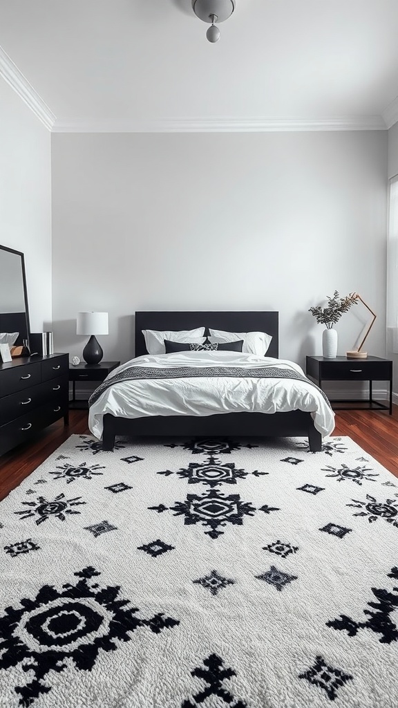 A stylish bedroom featuring a white area rug with black geometric patterns.