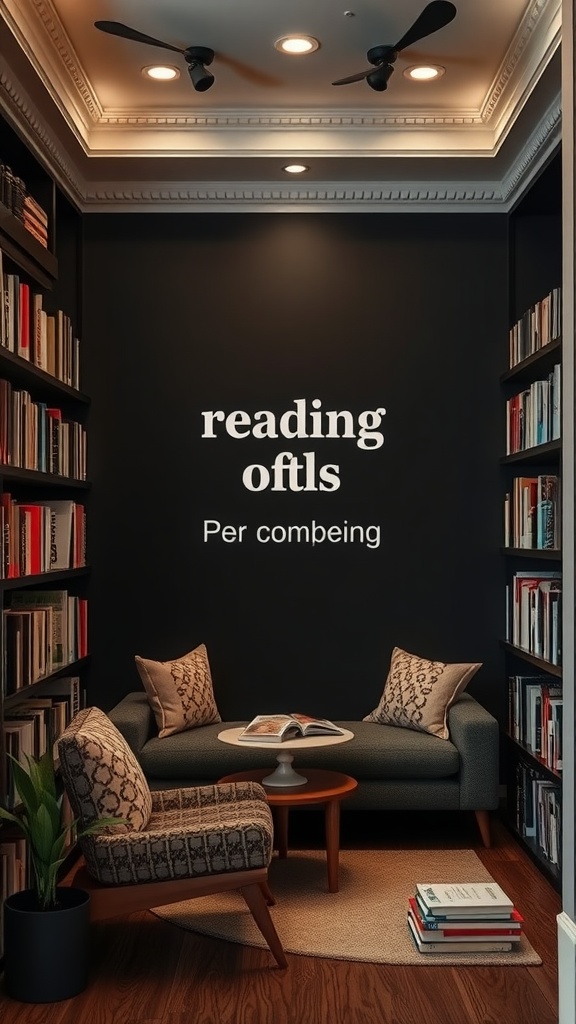 Cozy reading nook with a black accent wall and neutral furniture.