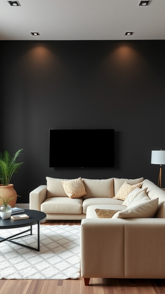 A living room featuring a matte black accent wall and neutral furniture.
