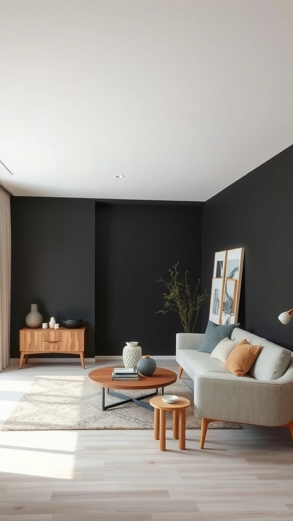 Minimalist living room with black accent wall and stylish furniture.