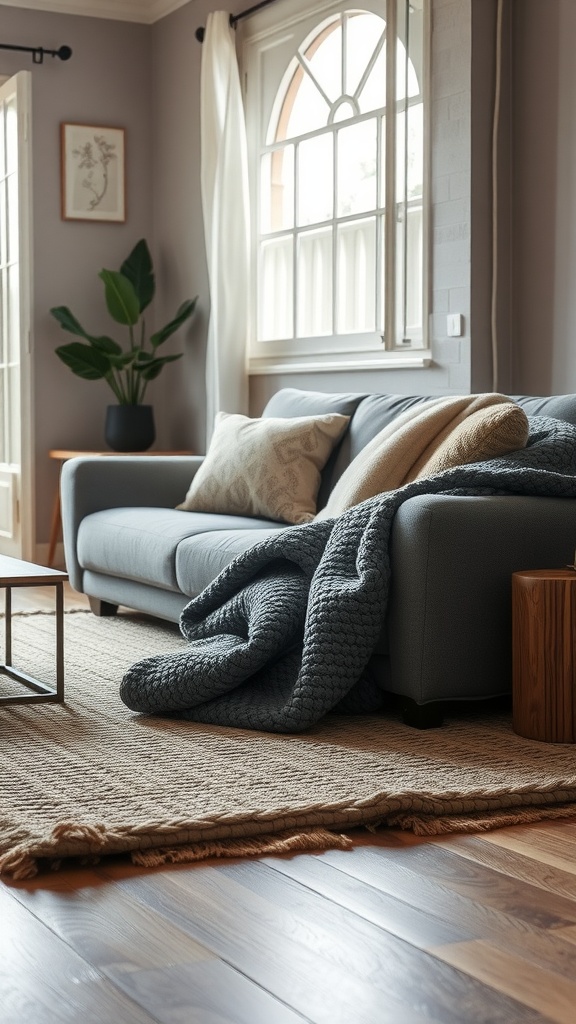 Cozy living room with layered rugs and a comfortable sofa.