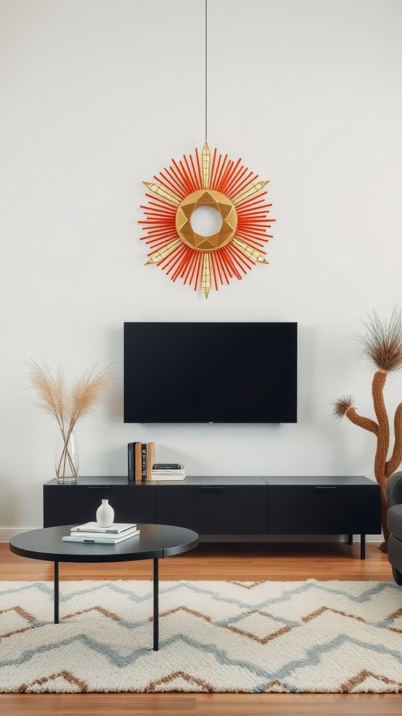 A modern living room featuring a large black framed artwork with bold white text, paired with a stylish wooden console table and decorative plants.