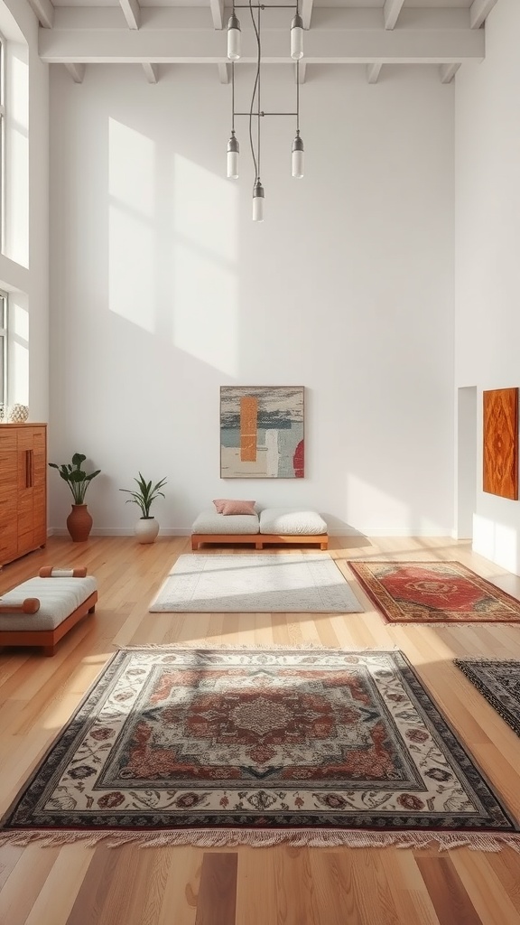 A cozy room featuring layered rugs, showcasing a deep-pile rug paired with a flat woven rug.
