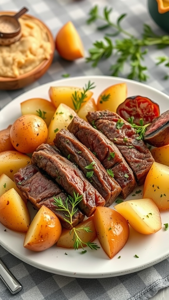 A plate of garlic butter steak bites and potatoes garnished with fresh herbs.