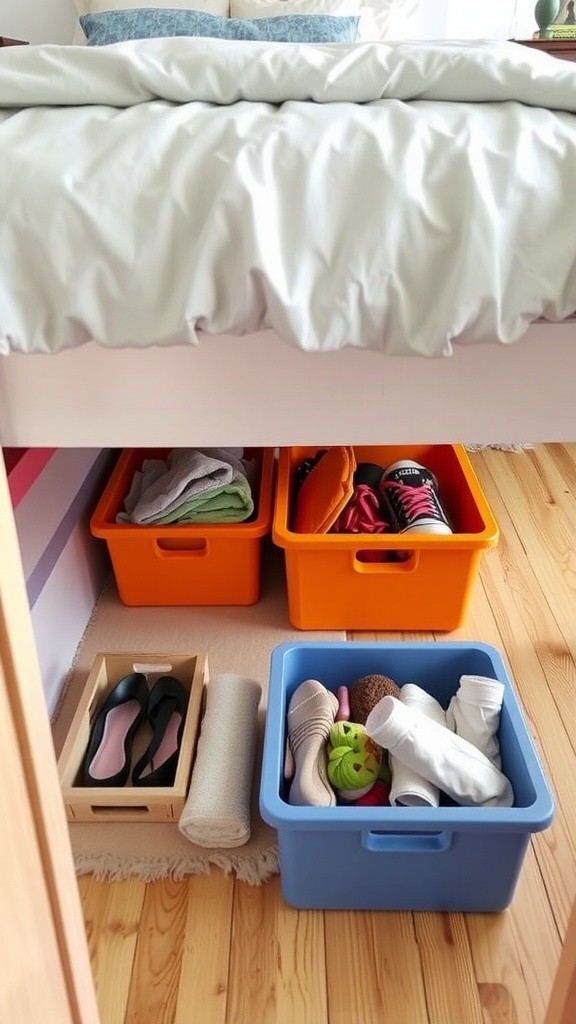 Colorful storage bins organized under a bed
