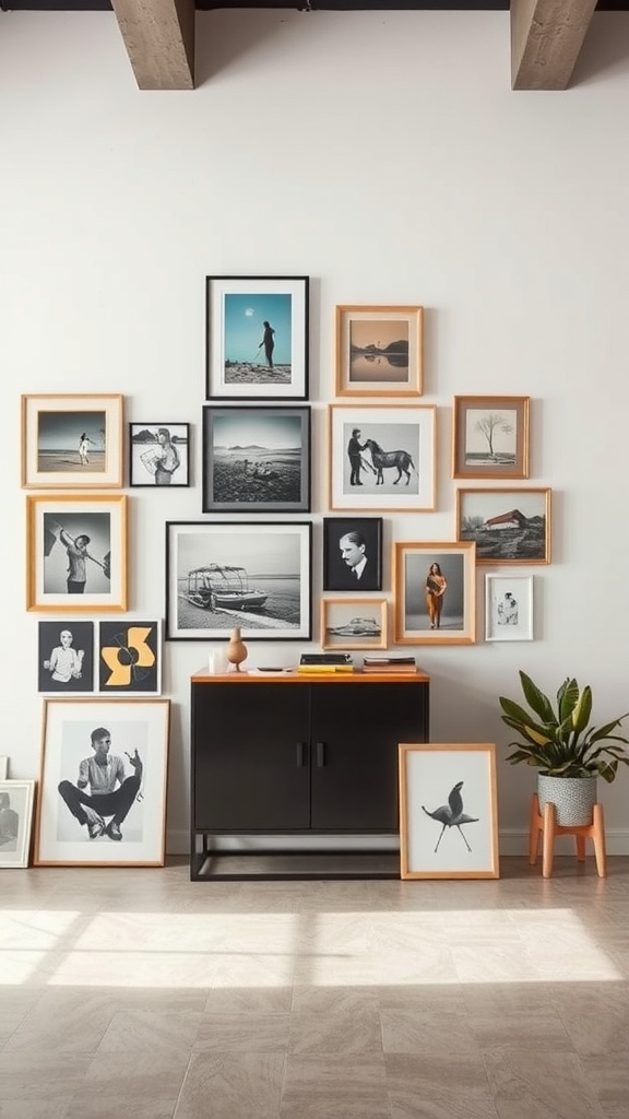 Gallery wall with a mix of black and wooden frames holding various artworks and photographs.