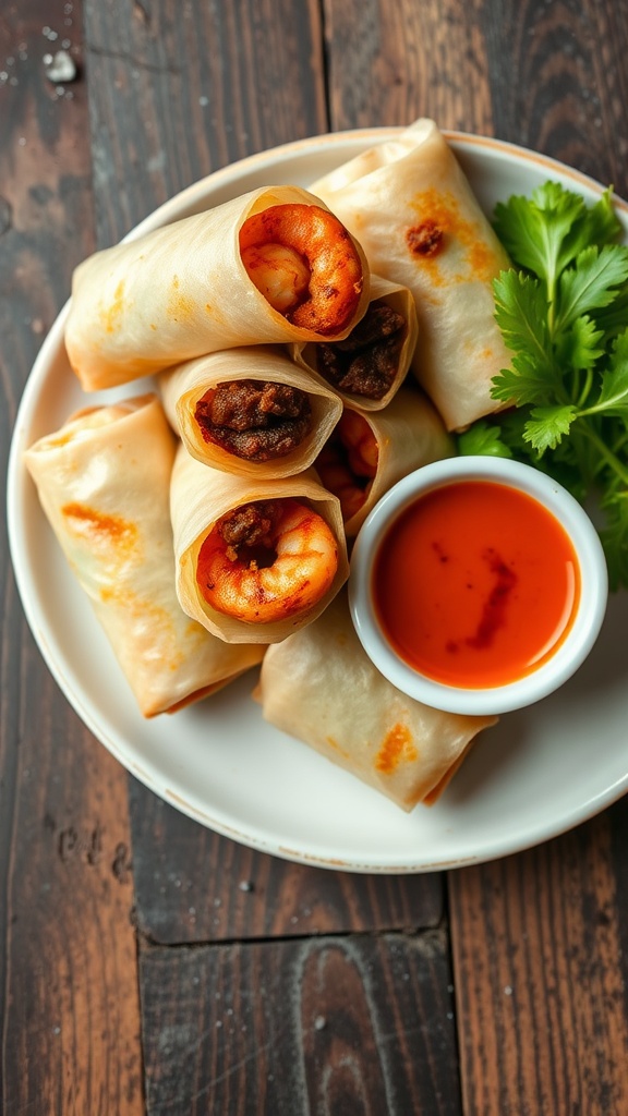 Crispy beef and shrimp spring rolls with dipping sauce on a plate.