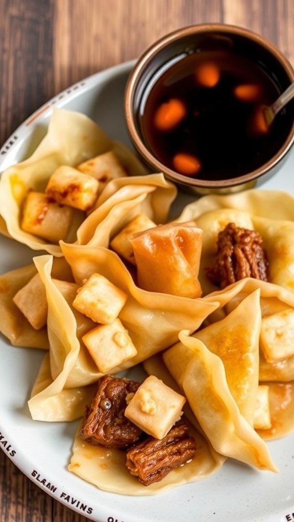 Crispy beef and shrimp wontons served with a dipping sauce
