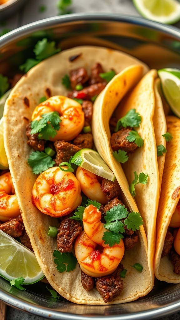 Crispy beef tacos filled with spicy shrimp, garnished with cilantro and lime