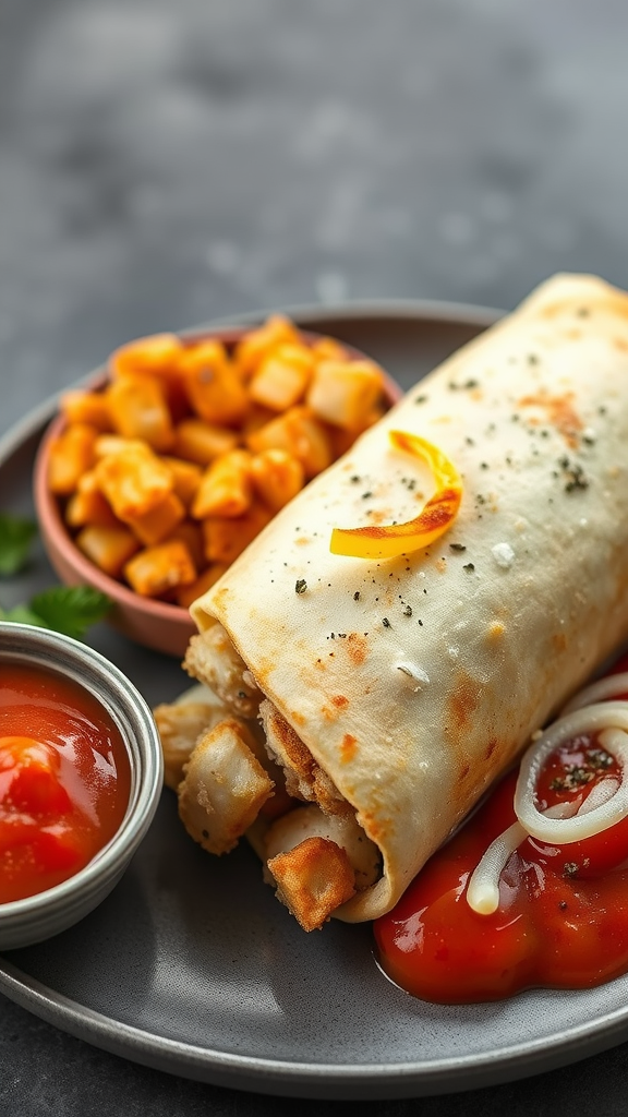 A delicious crispy garlic parmesan chicken wrap served with dipping sauces and fries.
