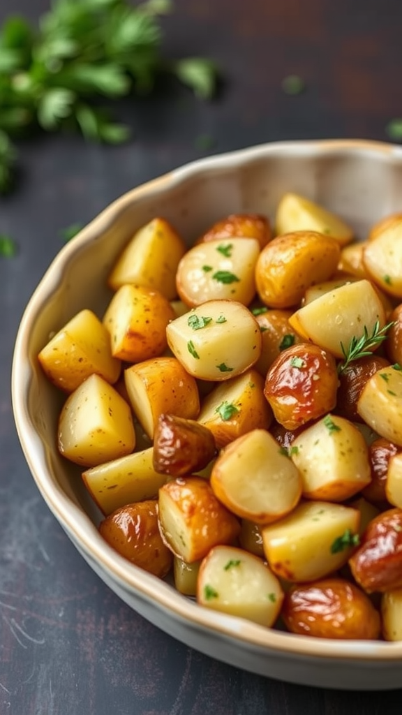 A bowl of crispy roasted baby potatoes with herbs.