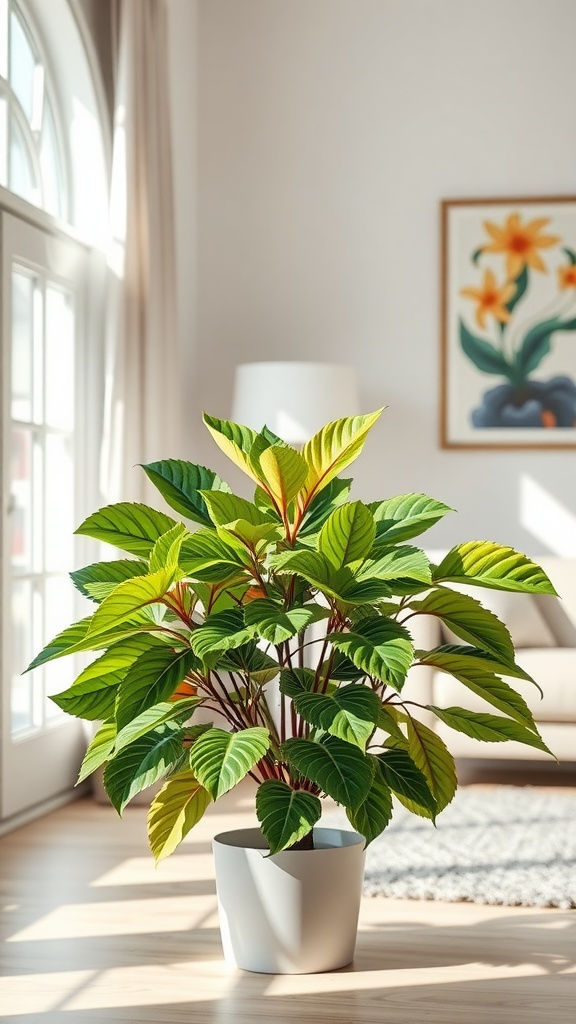 A vibrant croton plant with colorful leaves in a neutral pot, placed in a well-lit indoor space.