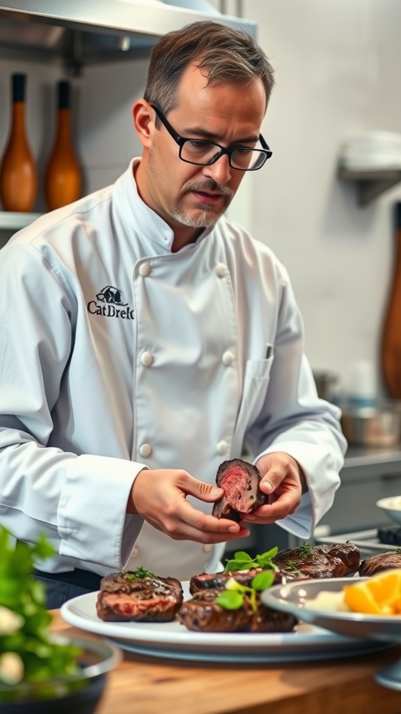 A chef in a white coat carefully prepares steak bites on a wooden countertop.