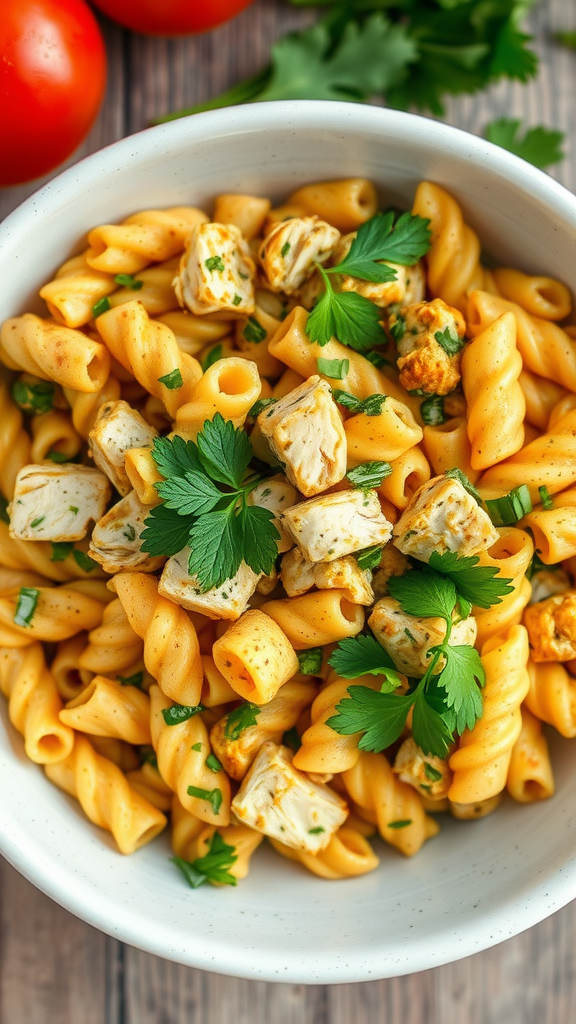 A bowl of curried chicken pasta salad with herbs and diced chicken pieces.
