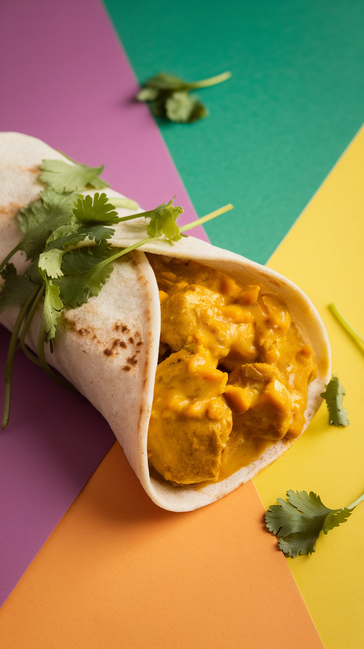 A delicious curry chicken wrap with mango chutney, garnished with cilantro.