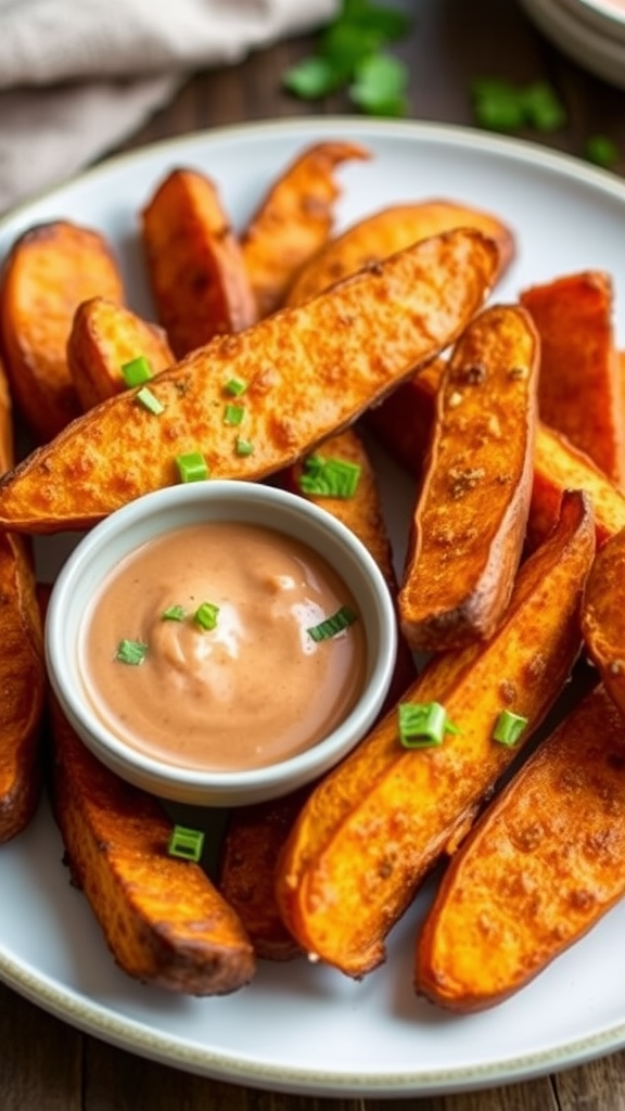 A plate of curry spiced sweet potato wedges with a dip on the side.