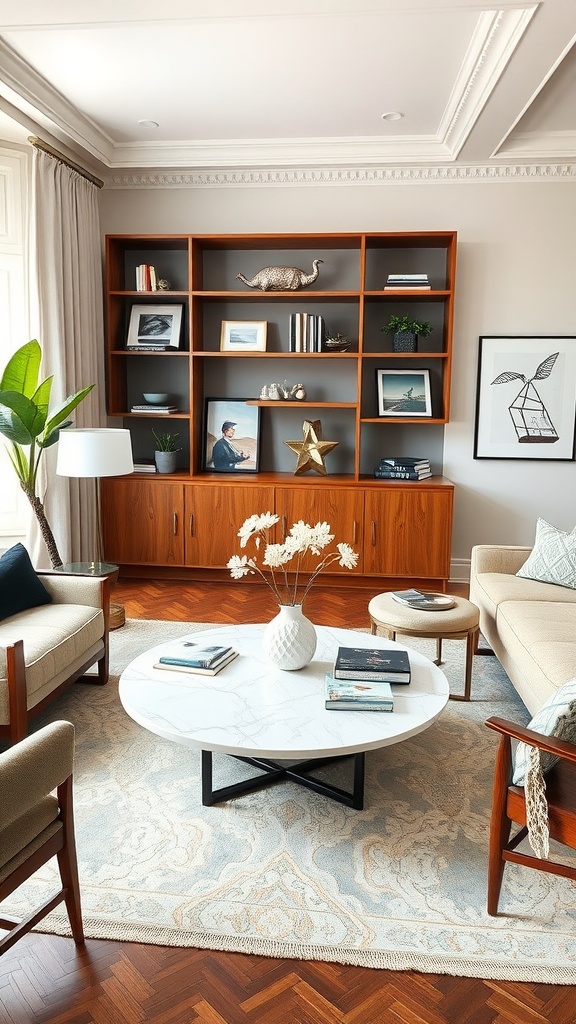 A cozy living room with a marble coffee table, wooden shelves, and stylish decor.