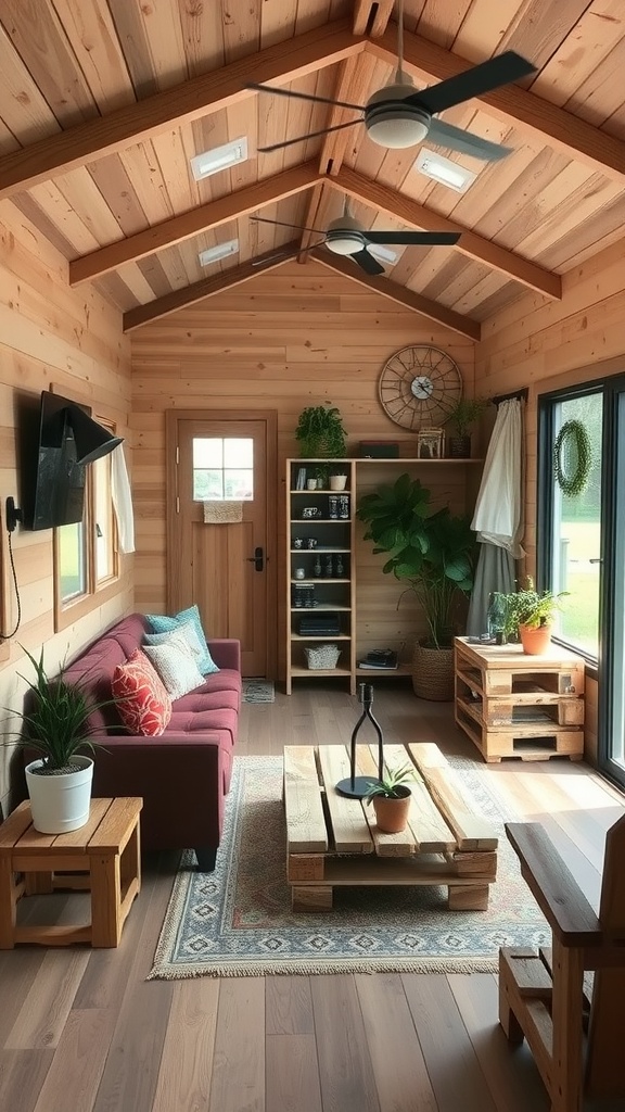 A cozy tiny home interior featuring pallet furniture and a warm wooden aesthetic.