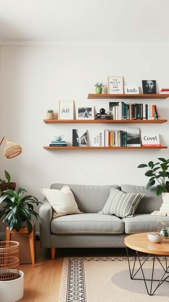 A cozy Scandinavian living room with simple wooden shelves displaying books and plants.