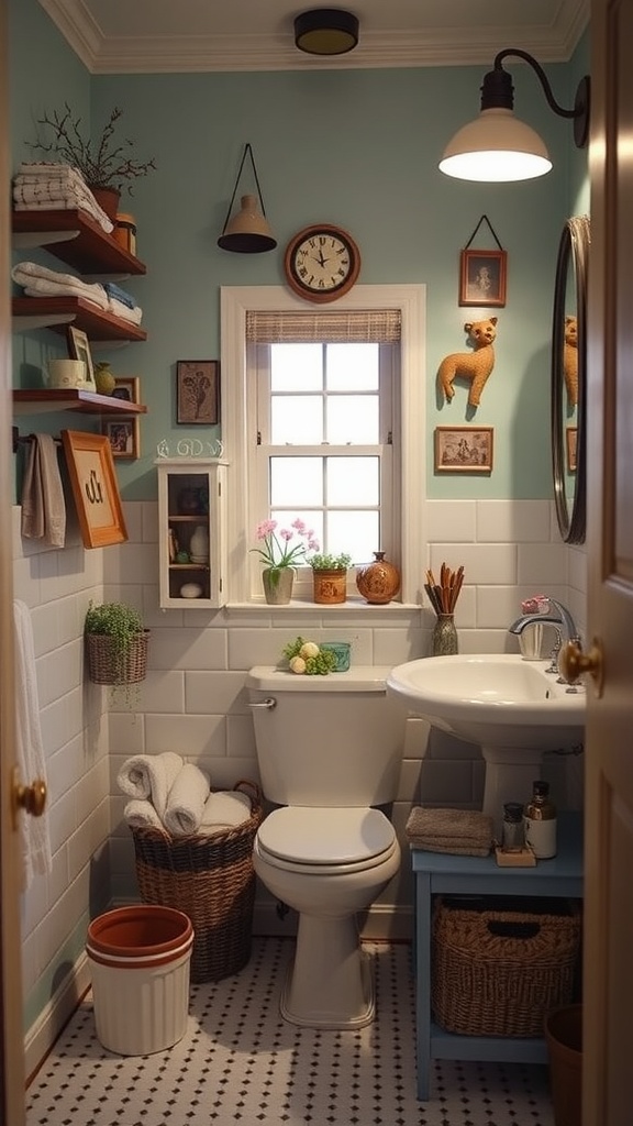 A beautifully decorated vintage bathroom featuring shelves with towels, charming decor items, and a well-lit window.