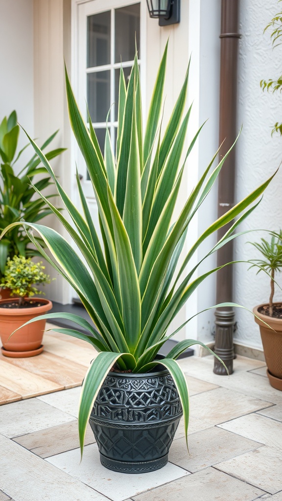 A tall Dracaena plant with long, green leaves in an ornate black pot.