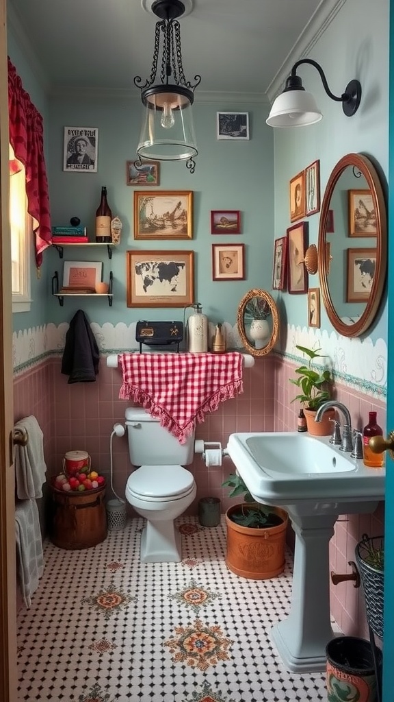 Vintage bathroom with colorful tiles, playful wallpaper, and eclectic decor