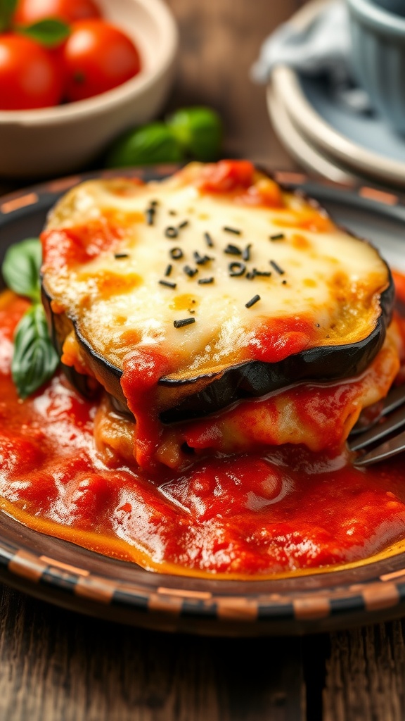 A delicious plate of eggplant parmesan with marinara sauce and cheese