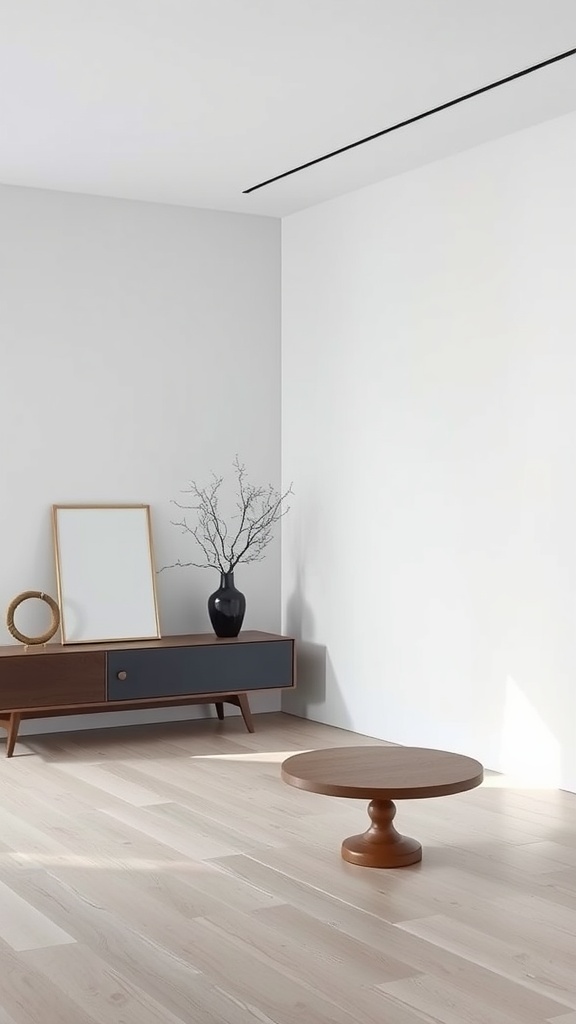 A minimalist room with wooden flooring and letters on the ground.