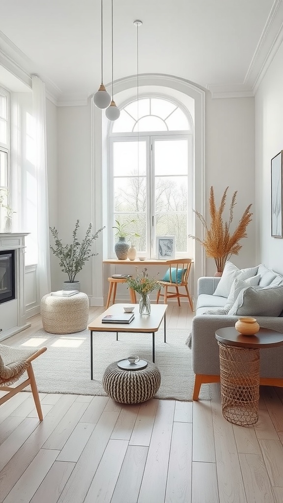 A cozy Scandinavian living room with neutral color palettes and natural textures.