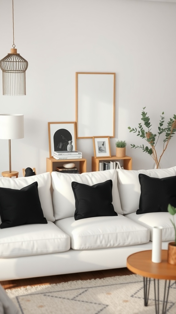 A cozy living room featuring a white sofa with geometric black throw pillows, complemented by warm wooden decor.