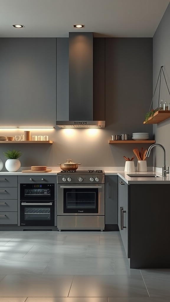 A modern minimalist kitchen featuring sleek design, LED lighting, and energy-efficient appliances.