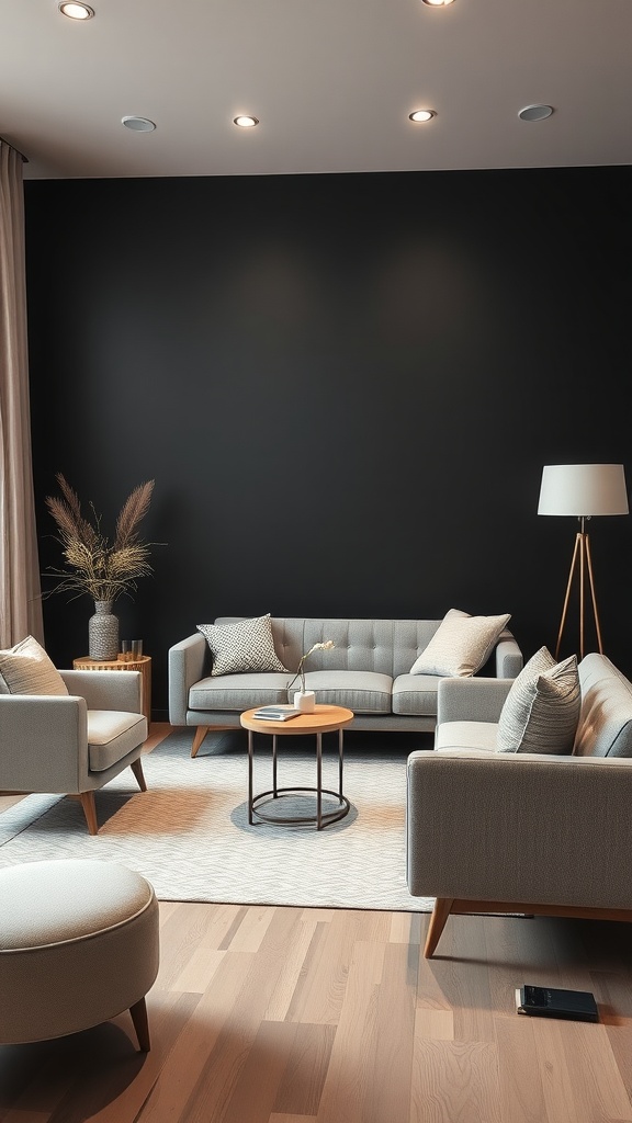 A stylish living room featuring a matte black accent wall and neutral colored furniture.