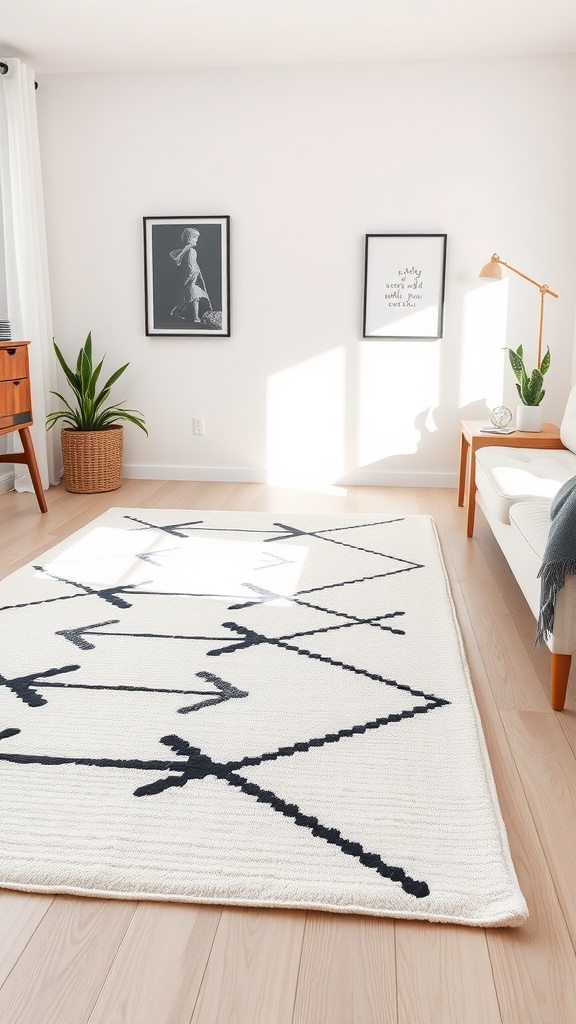 White area rug with black geometric patterns in a minimalist living room.