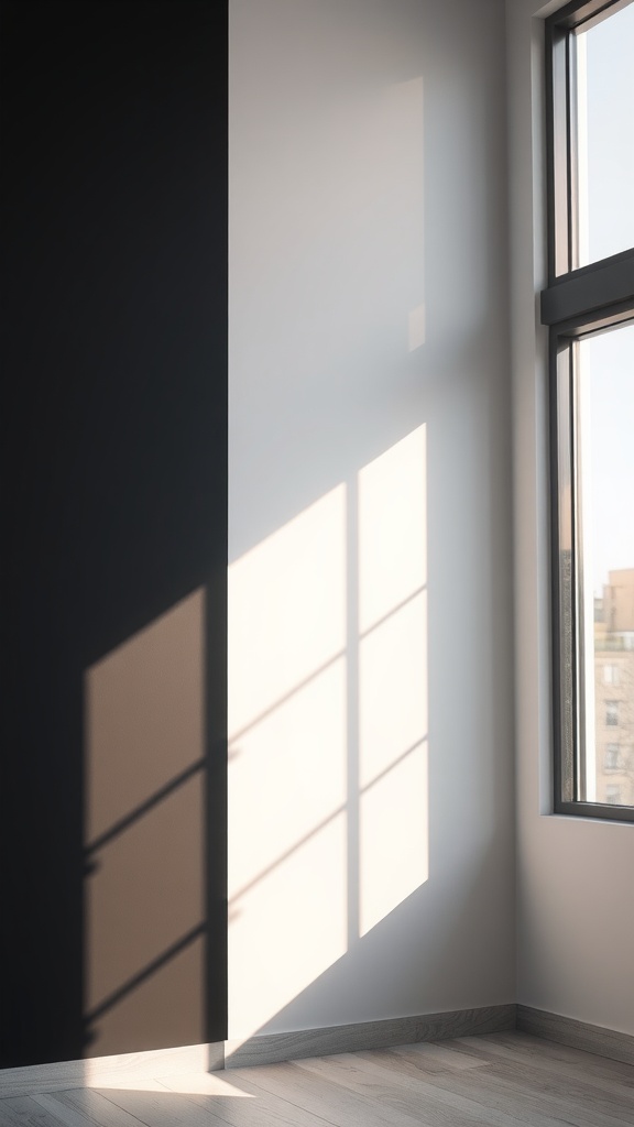 A room with one matte black wall and bright sunlight casting shadows through windows.