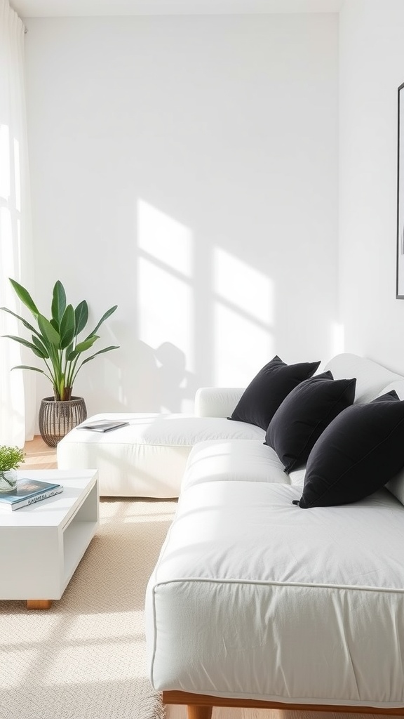A cozy living room featuring a white sofa adorned with black throw pillows, complemented by a minimalist coffee table and a potted plant.