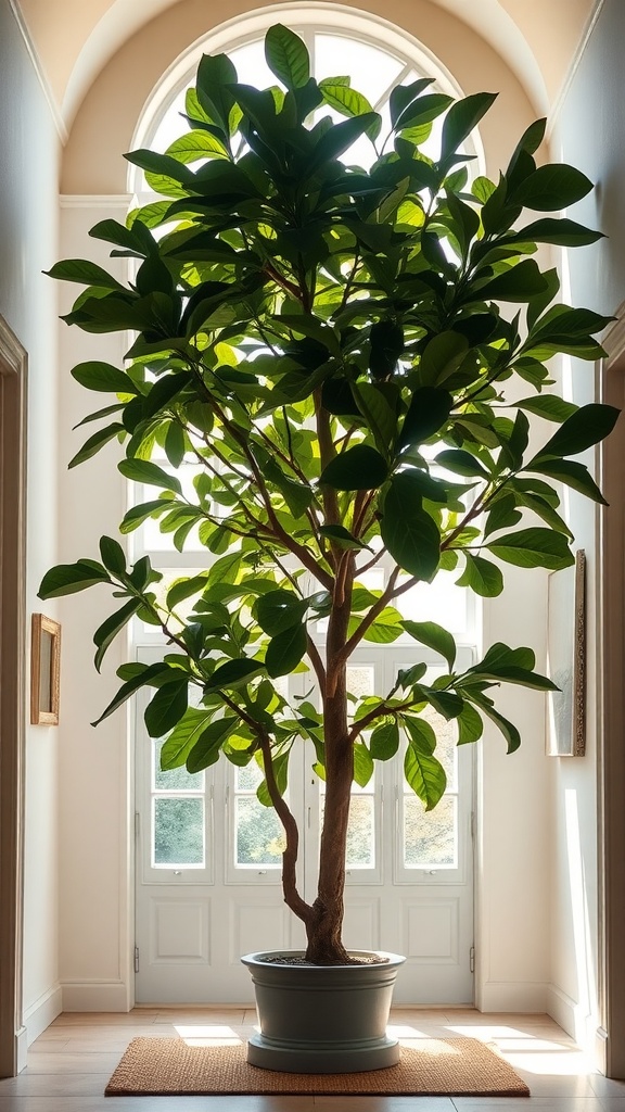 A fiddle-leaf fig plant standing tall in a bright, airy room with large windows.