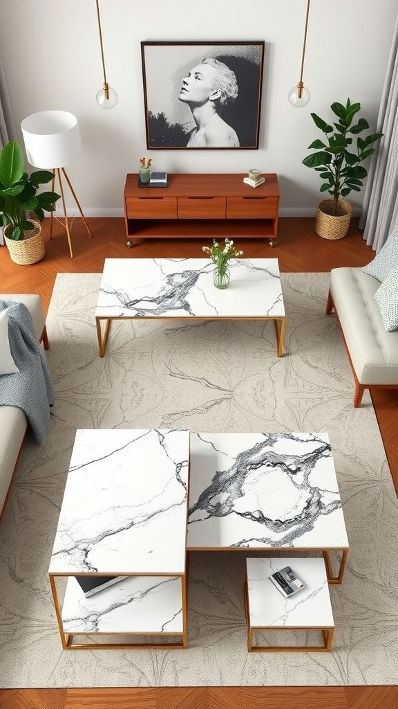 A beautifully arranged living room featuring a marble coffee table, plants, and artwork.