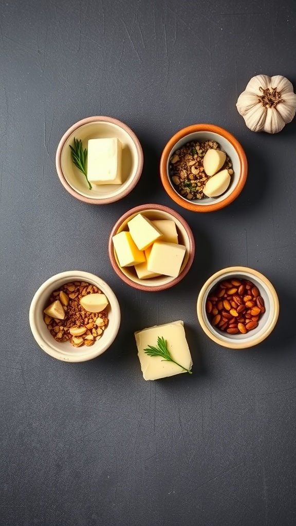 Bowls of garlic butter variations with spices and herbs
