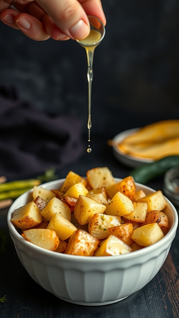 A bowl of seasoned diced potatoes with garlic butter drizzling over them.