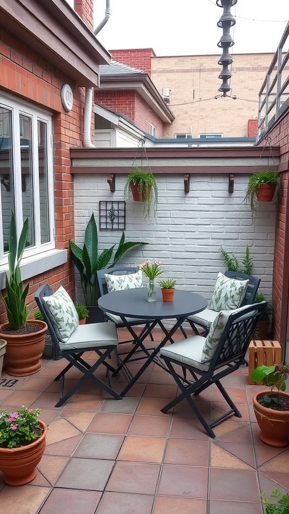 A cozy outdoor space featuring a round table and four foldable chairs surrounded by potted plants.