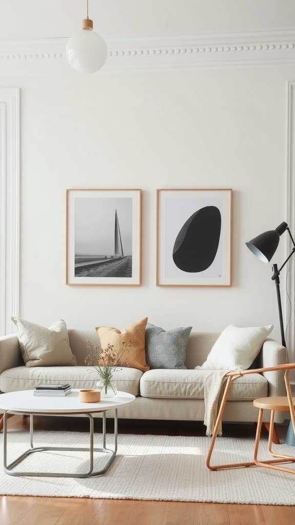 Cozy Scandinavian living room with artwork display, neutral colors, and modern furniture.